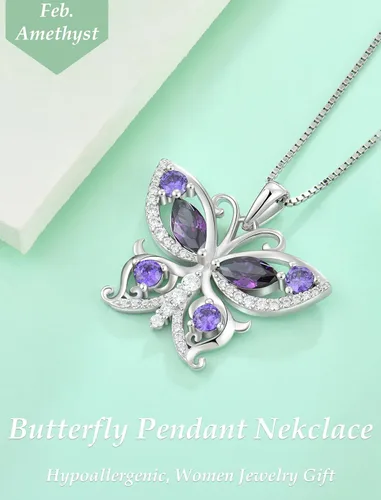 Vista 5 de Vesitim Collar de plata de ley 925 con diamantes de mariposa para mujer, piedra natal y circonita cúbica, collar con colgante de mariposa, joyería