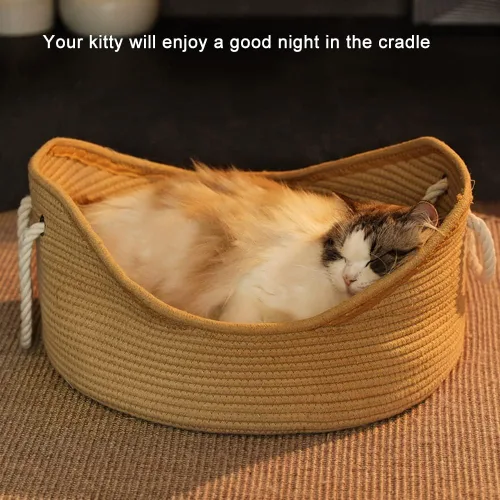 Vista 5 de Cama de algodón tejida para gatos con cuerda de algodón para perros pequeños y gatos, cesta de nido para dormir, hecha a mano, cuna natural
