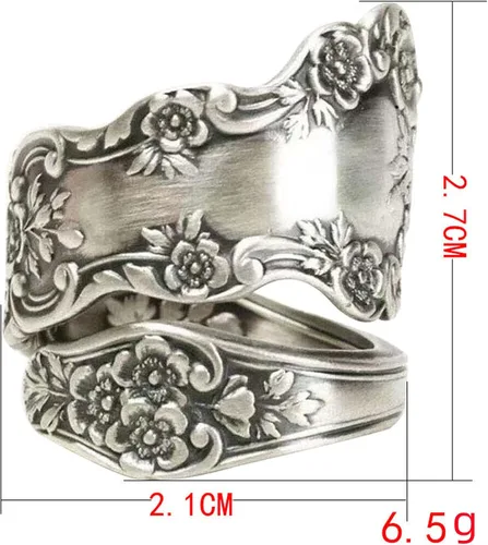Vista 5 de Anillo ajustable de plata de ley 925 con cuchara oxidada, regalo de joyería para mujer