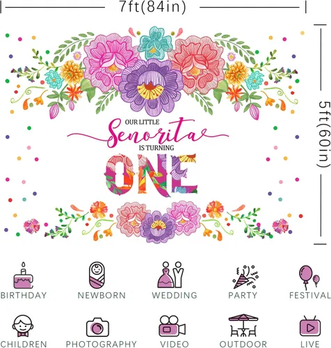 Vista 6 de Fondo de fiesta mexicana para el primer cumpleaños para niñas, flores, Senorita Turning One, fondo de fotografía de 7 x 5 pies, fiesta de niña
