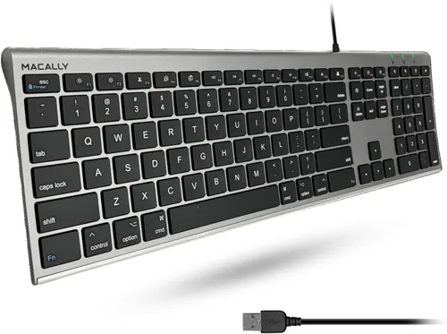 Vista 10 de Macally Teclado de computadora con cable USB ultra delgado, compatible con teclado Apple o Windows, tamaño completo con 20 teclas de teclado Mac