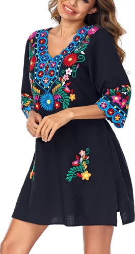 Vista 6 de YZXDORWJ Vestido floral mexicano bordado con cuello en V para mujer, vestido bohemio tradicional floral de manga larga