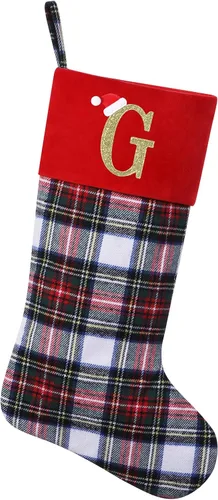 Vista 14 de Calcetines de Navidad personalizados con monograma inicial, adornos colgantes, medias clásicas de cuadros negros de 19 pulgadas, decoraciones