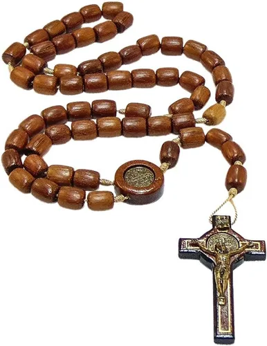 Vista 2 de Catholica Shop Collar de cruz de plata con cuentas de madera Rosario I Religious Wear Saint Benedict I Collar de cruz negra para hombres y mujeres I