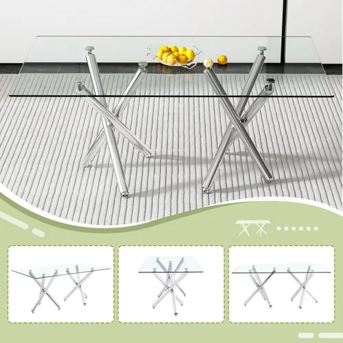 Vista 6 de Juego de mesa de comedor de cristal para 6, 71 pulgadas juego de mesa de comedor moderno para 6 7 Piece Dining Table Set, 6 White Dining Chairs