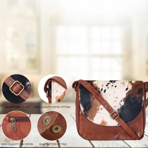 Vista 7 de Bolso bandolera de cuero genuino para mujer con correa ajustable, bolsillo móvil y cremallera exterior e