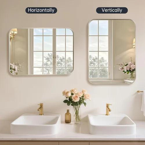 Vista 5 de Espejo de baño de níquel cepillado de 22 x 30 pulgadas para pared, espejo rectangular enmarcado con esquina redondeada, espejo de níquel cepillado