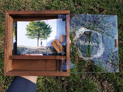 Vista 5 de Caja de fotos personalizada de madera USB Flash Drive con tapa deslizante, caja de fotos de boda personalizada, caja de almacenamiento de madera