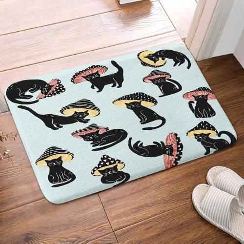 Vista 4 de MERCHR Tapete de baño con diseño de hongo y gato divertido para baño, estética, única, divertida, divertida, azul, tapete antideslizante, para baño
