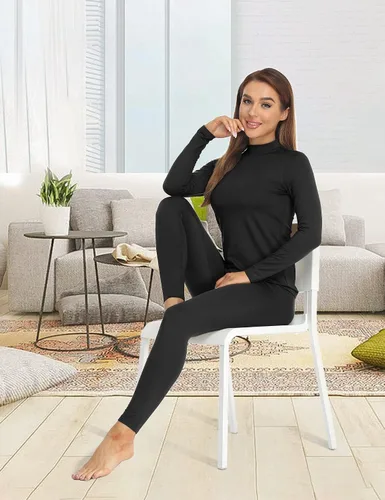 Vista 6 de VPESL Conjunto de ropa interior térmica de cuello alto falso para mujer, forro polar ultra suave, largo, cálido, capa base