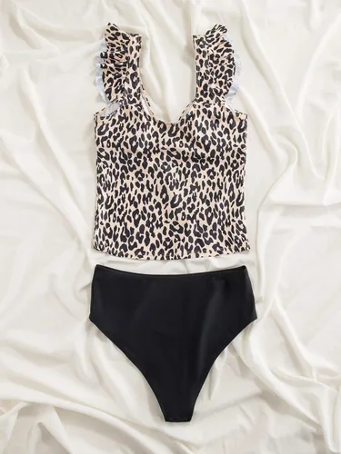 Vista 2 de Floerns Conjunto de bikini de 2 piezas para mujer, traje de baño de cintura alta con ribete de volantes