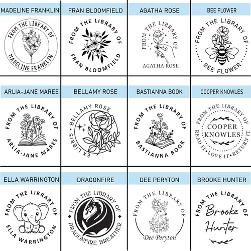 Vista 4 de Sello personalizado con diseño de libro abierto con flores, mariposas, champiñones, de la biblioteca de sellos de tinta autoadhesivos diseños
