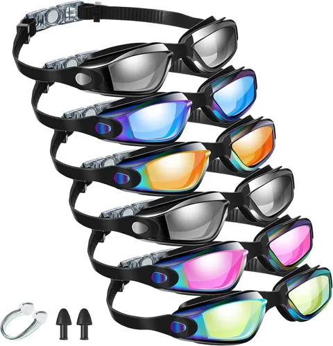 Vista 12 de Flutesan Paquete de 6 gafas de natación para adultos, antiniebla, con tapones para los oídos, clip para la nariz, sin fugas, protección completa