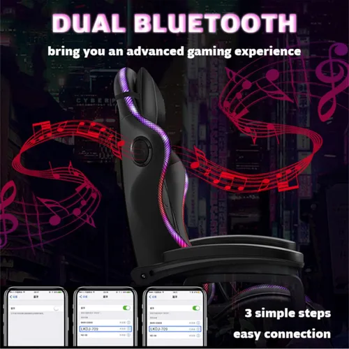 Vista 8 de Silla de juegos para adultos con reposapiés y masaje, silla de videojuegos con altavoces y luces LED RGB, piel sintética, sillas ergonómicas
