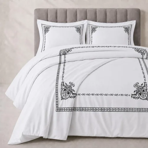 Vista 8 de sheetsnthings Juego de edredón de 8 piezas de tamaño matrimonial bordado Amalia dorado y blanco, incluye juego de funda de edredón de algodón de 3