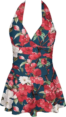 Vista 4 de Traje de baño tankini halter de dos piezas para mujer, con control de abdomen, cuello en V, con pantalones cortos