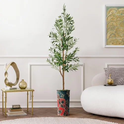 Vista 13 de Árbol artificial en macetero moderno con patrón de mandala, palmera tropical areca artificial de seda para decoración del hogar en interiores