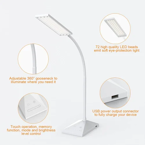 Vista 4 de Vansuny Lámpara de escritorio LED con puerto de carga USB, cuidado de los ojos, 5 modos de color, 6 niveles de brillo, control táctil, cuello