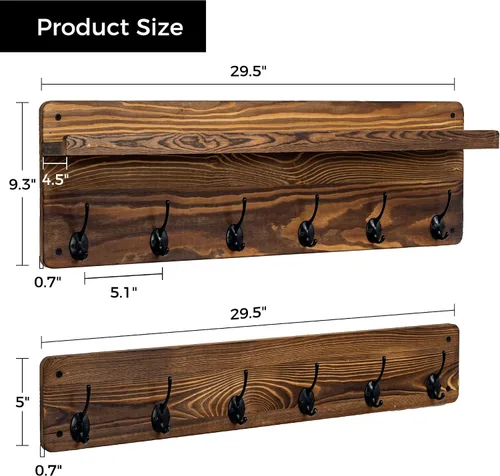 Vista 5 de Perchero de pared de 29.5 pulgadas de ancho con estante, estante de pasillo con 12 ganchos para abrigos, perchas para pared, perchero para clavijas