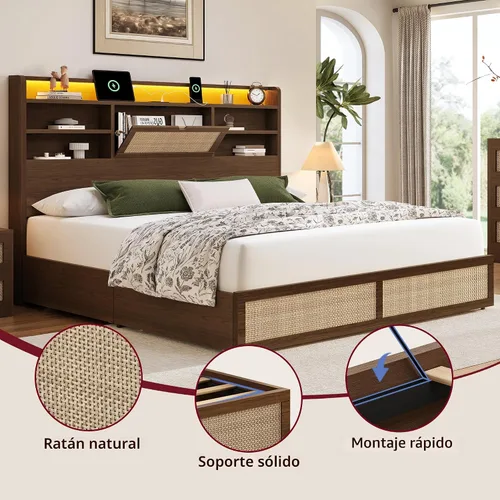 Vista 8 de BRELTAM Marco de cama de ratán tamaño Queen con 4 cajones de almacenamiento y cabecera de almacenamiento oculto, marco de cama de plataforma