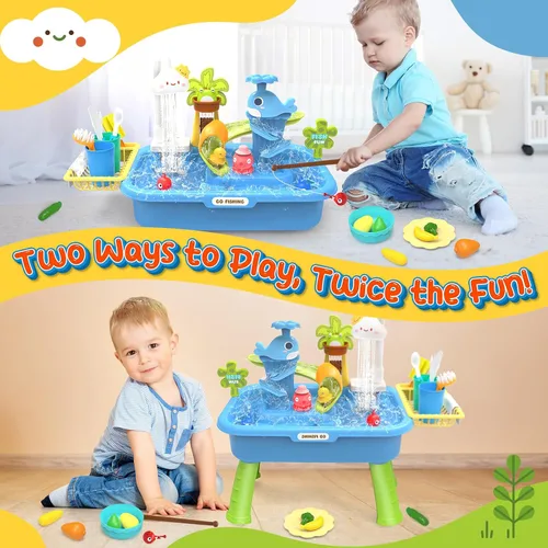 Vista 3 de Fregadero de juego de 21 pulgadas de alto con agua corriente, fregadero de cocina 4 en 1 para niños con grifo eléctrico, mini mesa de agua con patas