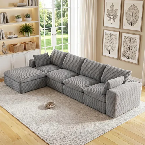 Vista 47 de 118" Cloud Couch Oversized Modular Sectional Sofa, Boneless L-Shaped 6 Seater Deep Seat Couch with Ottoman, Soft Corduroy Upholstery, DIY Negro