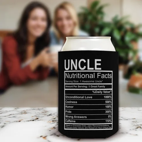 Vista 5 de Paquete de 12 enfriadores de latas con etiqueta de datos nutricionales de sobrina tío
