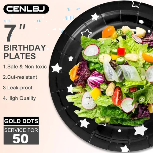 Vista 3 de Platos de papel de fiesta de feliz cumpleaños, platos de postre negros, 7 pulgadas, 50 unidades, lunares de aluminio para decoraciones de fiesta