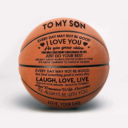 Vista 8 de Mamá y papá a mi hijo regalo baloncesto con palabras impresas en la pelota tamaño oficial siete baloncesto personalizado con bolsa y aguja