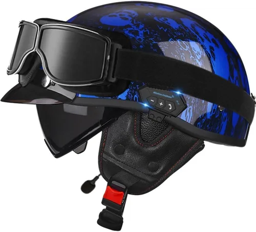 Vista 17 de Casco de cara abierta con Bluetooth para hombres y mujeres, casco retro de estilo alemán con diseño de calavera, visera con gafas, casco de media