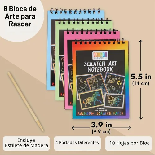 Vista 4 de Paquete de 8 blocs de papel de rayas arcoíris para niños con lápices de madera, 10 hojas (5.5 x 3.9 pulgadas)