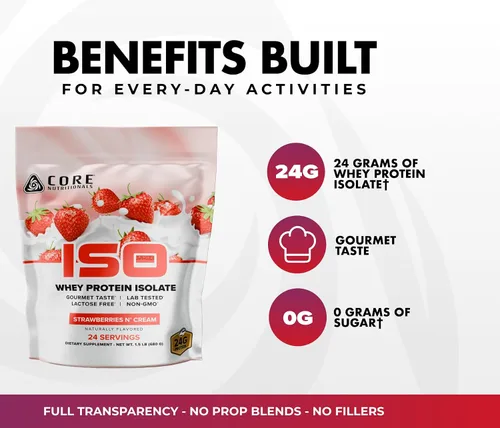 Vista 3 de Core Nutritionals Aislamiento de proteína de suero ISO Proteína de alta pureza de aislado de suero Soporte muscular magro y recuperación 32