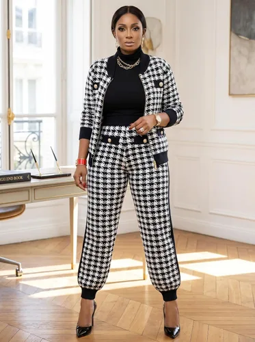 Vista 7 de LKOUS Traje de pantalón de pata de gallo para mujer, resistente a las Negro