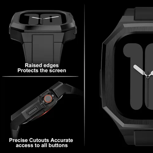 Vista 3 de Estuche de metal de lujo con correa compatible para Apple Watch de 44 mm, 45 mm, 46 mm, 49 mm, cubierta protectora resistente para hombre con correa
