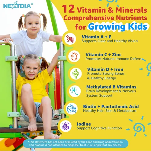 Vista 3 de Gomitas multivitamínicas para niños con hierro, sin azúcar, vitaminas diarias para niños + probióticos, Omega 3 de algas (EPA/DHA), A, C, D, metil
