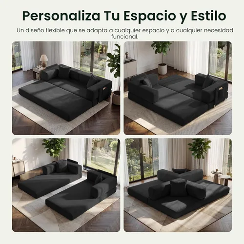 Vista 3 de Sofá cama tipo futón convertible de 78.8 pulgadas, sofá deshuesado Negro