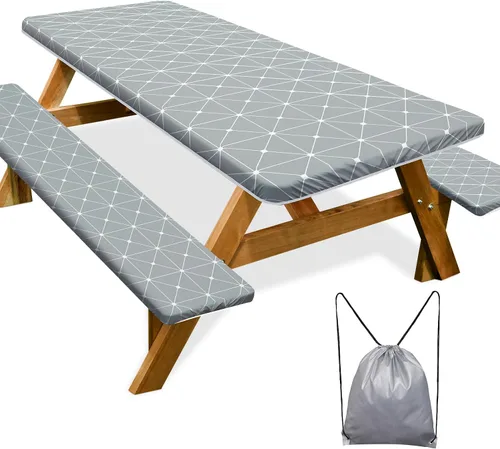 Vista 15 de Mantel de mesa de picnic con fundas de banco de 6 pies, 3 piezas, impermeable, resistente al viento, mantel de camping estético con bolsa