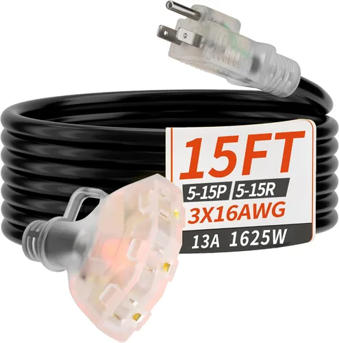 Vista 15 de PlugSaf Cable de Extensión para Exteriores de 50 Pies Calibre 16/3 con Múltiples Tomacorrientes Indicador de Luz, Cable de Extensión Flexible de 3