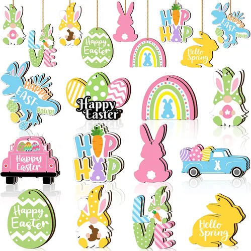 Vista 9 de Marsui 24 adornos de Pascua para árbol, feliz Pascua, adornos colgantes de madera, huevo, conejo, primavera, árbol, gnomo, pollo, rebanadas