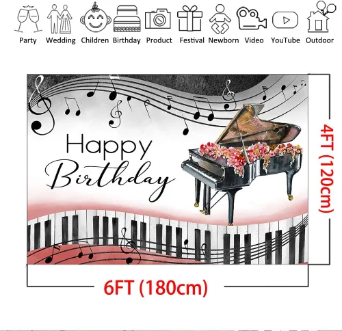 Vista 4 de Mocsicka Fondo de cumpleaños de piano, tema musical, decoraciones de cumpleaños, notas de piano, teclas, suministros de fiesta de cumpleaños