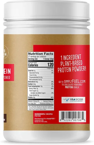 Vista 3 de simplyFUEL Proteína de garbanzos en polvo, orgánica y a base de plantas, 0.71 oz de proteína, alta fibra, sin azúcar, sin stevia, 1.25 libras