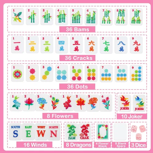 Vista 3 de 162 Pink American Mahjong Tiles Set & Storage Bag, Dice, 1.2" Melamine Gift