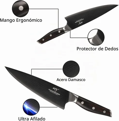 Vista 3 de NANFANG BROTHERS - Juego de cuchillos de damasco de 7 piezas con bloque, mango de madera de ébano Damasco negro titanio chapado