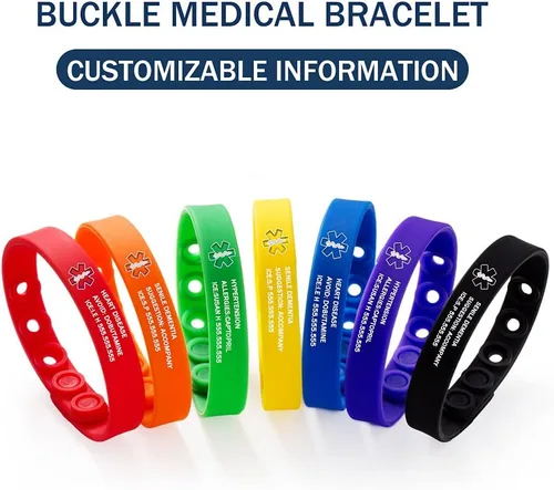 Vista 3 de Pulsera ajustable personalizada de silicona pulseras médicas deporte emergencia ID pulseras grabado libre impermeable ID alerta pulseras