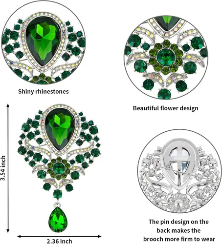 Vista 6 de Casoty Broches para mujer, broche de diamantes de imitación verdes, broches de flores de cristal vintage, pines vintage para mujeres y niñas