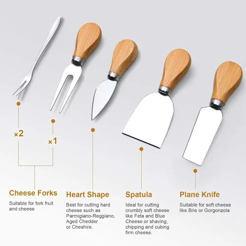 Vista 4 de Juego de tablas de queso de bambú, tablas de charcutería y plato de carne para servir, bandeja de queso con 4 cuchillos de queso de acero