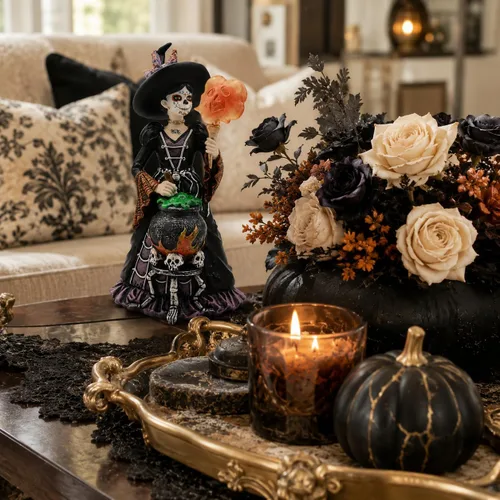 Vista 4 de Comfy Hour Figura de bruja del Día de los Muertos de 8 pulgadas, decoración Cocinar bruja