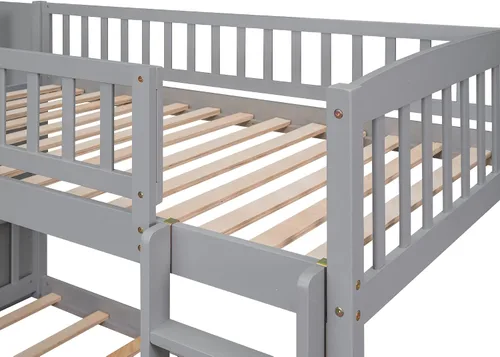 Vista 7 de CITYLIGHT Twin Over Twin Low Bunk Bed with Slide and Storage Stairs, Gray Grey