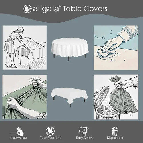 Vista 4 de allgala Juego de 12 manteles de plástico premium para mesa, desechables - 54 x 108 pulgadas - Impermeable, resistente a manchas, fácil de limpiar