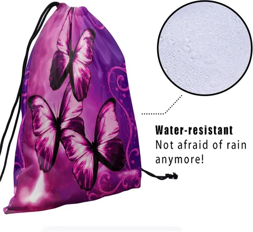 Vista 4 de Bolsa de agarre de gimnasia de piel de animal, bolsa de gimnasia con cordón ajustable, bolsa de cuerda para fauna silvestre, Mariposas Galaxy